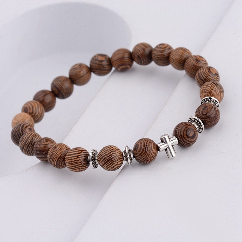 Men Natural Wood Beads Cross Bracelets