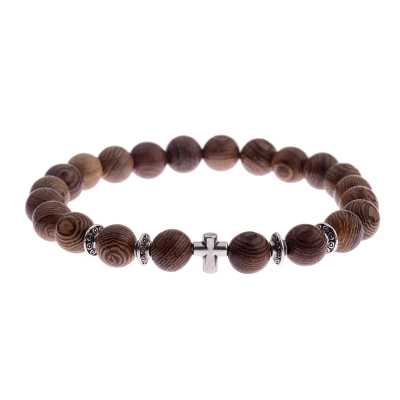 Men Natural Wood Beads Cross Bracelets
