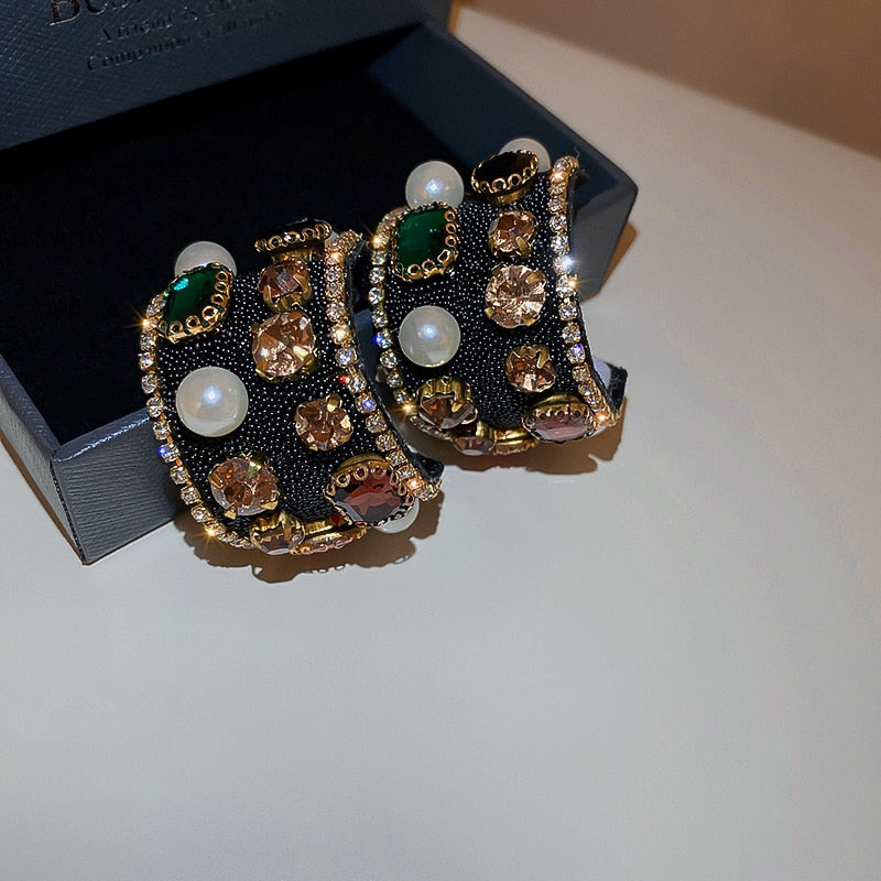 Vintage Colorful Crystal Pearl Stud Earrings