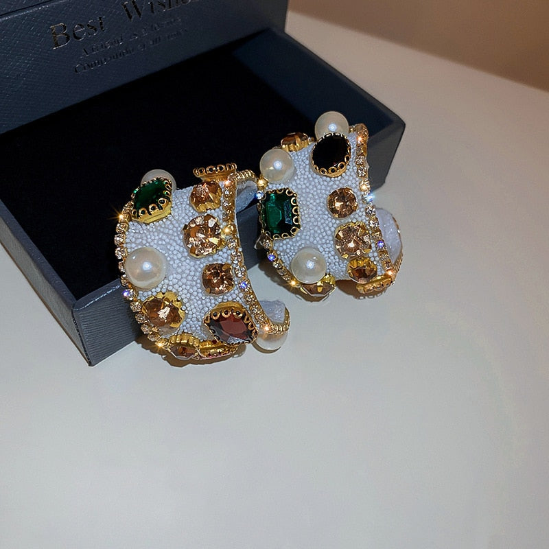 Vintage Colorful Crystal Pearl Stud Earrings