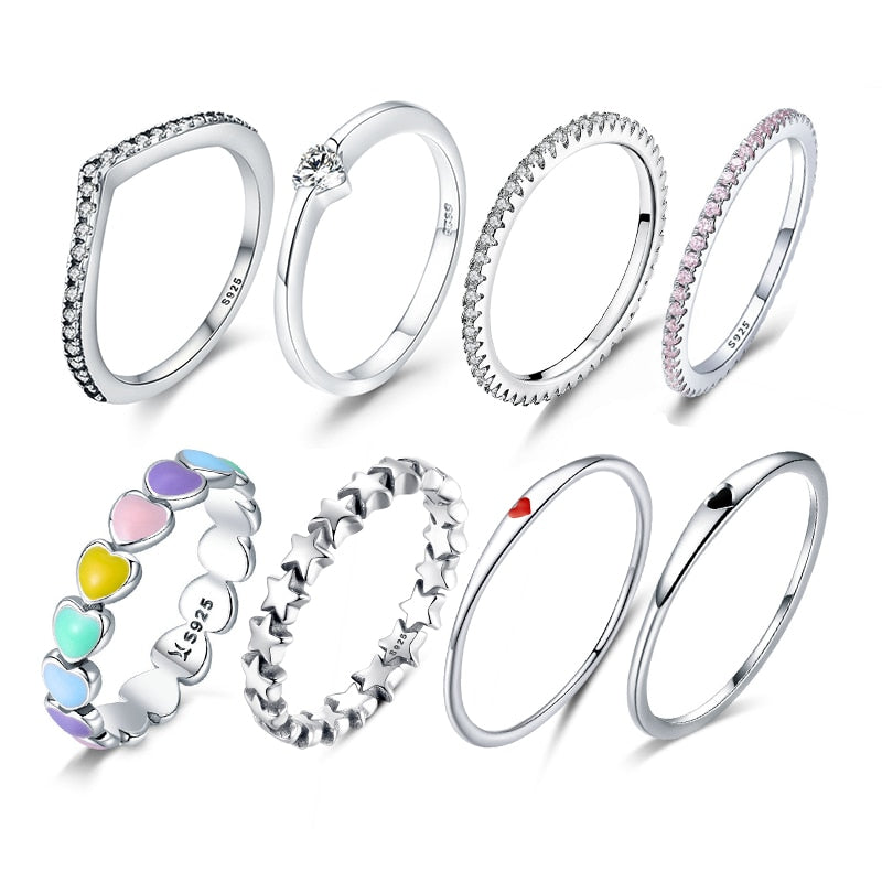 925 Sterling Silver Star Heart Shape Enemal Rainbow Finger Rings