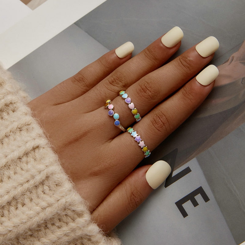 925 Sterling Silver Star Heart Shape Enemal Rainbow Finger Rings