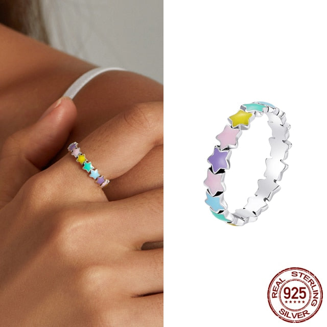 925 Sterling Silver Star Heart Shape Enemal Rainbow Finger Rings