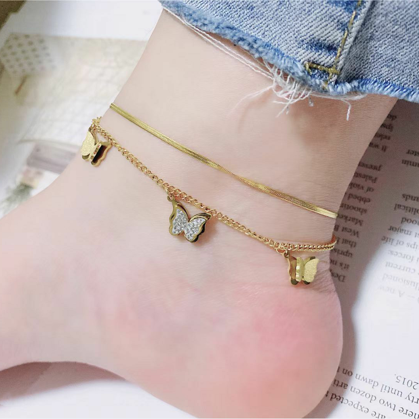 Gold Color Embedded Zircon Butterfly Charm Snake Bone Anklets For Women