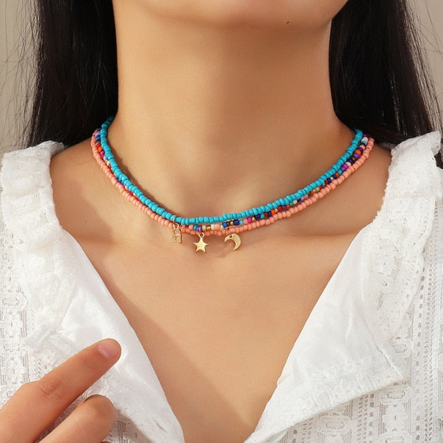 Bohemian Colorful Seed Bead Shell Choker Necklace