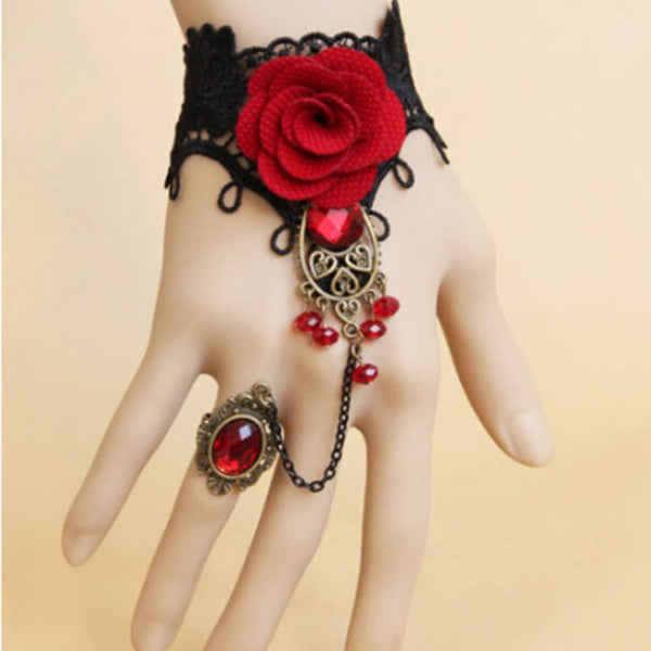 Pulsera gótica retro para mujer con cadena de esclava de mano con encaje y flores