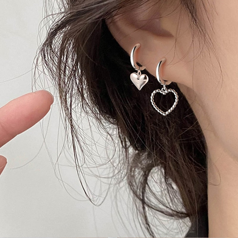 New Asymmetric Love Heart  Silver Color Drop Earrings