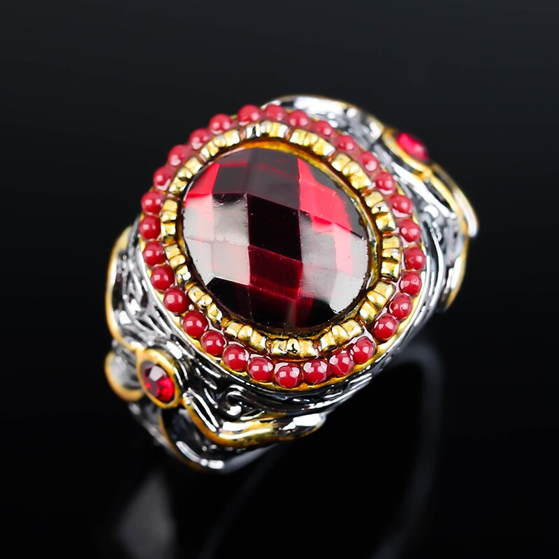 Vintage Two Tone Totem  Big Oval Red Stone Bow  Ring