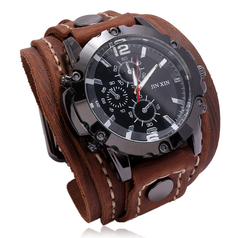 Fashion Blue Glass Punk Style Mens Watches Wide Leather Bracelets