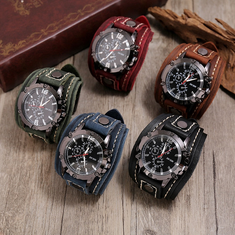 Fashion Blue Glass Punk Style Mens Watches Wide Leather Bracelets