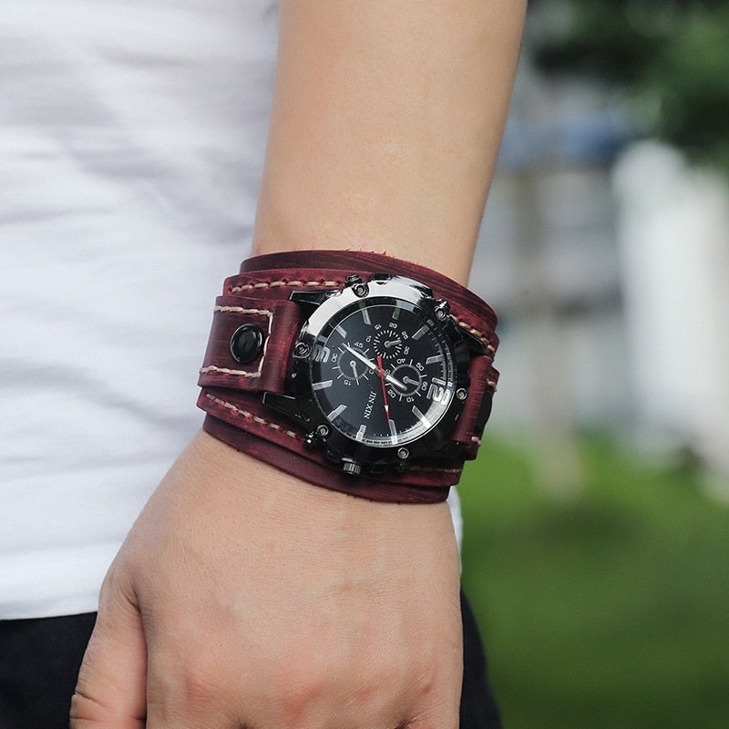 Fashion Blue Glass Punk Style Mens Watches Wide Leather Bracelets