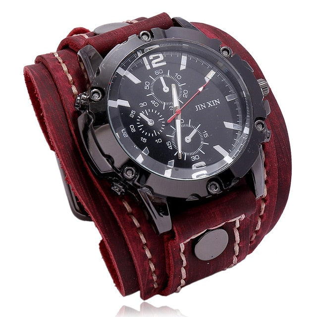 Fashion Blue Glass Punk Style Mens Watches Wide Leather Bracelets
