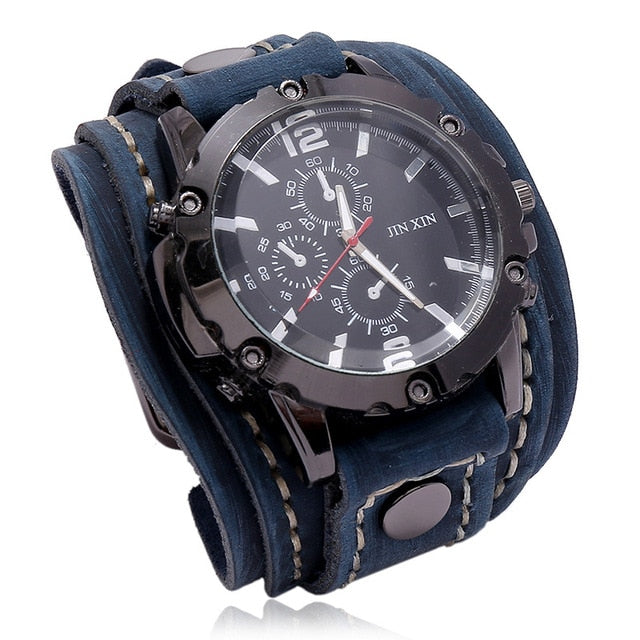 Fashion Blue Glass Punk Style Mens Watches Wide Leather Bracelets