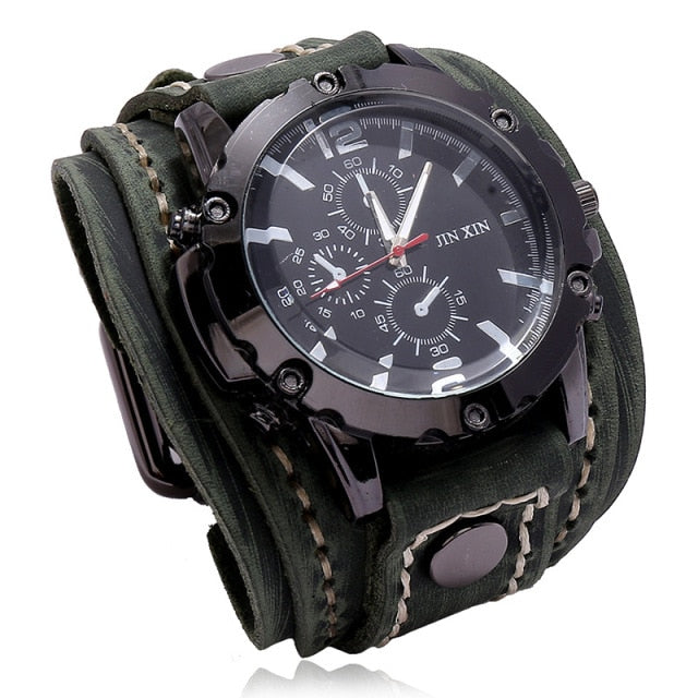 Fashion Blue Glass Punk Style Mens Watches Wide Leather Bracelets