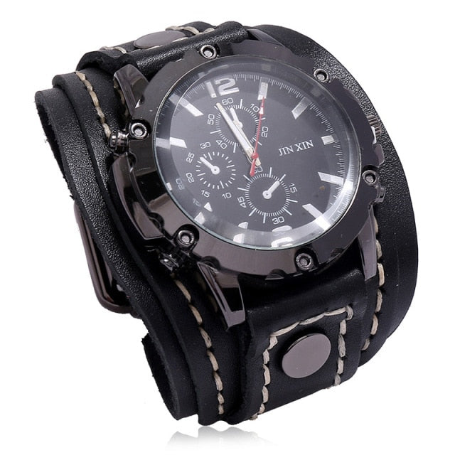 Fashion Blue Glass Punk Style Mens Watches Wide Leather Bracelets
