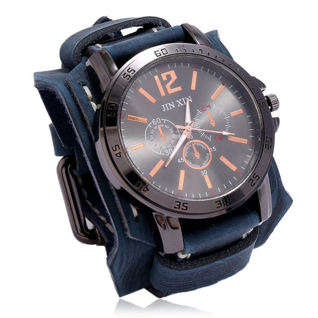 Fashion Blue Glass Punk Style Mens Watches Wide Leather Bracelets