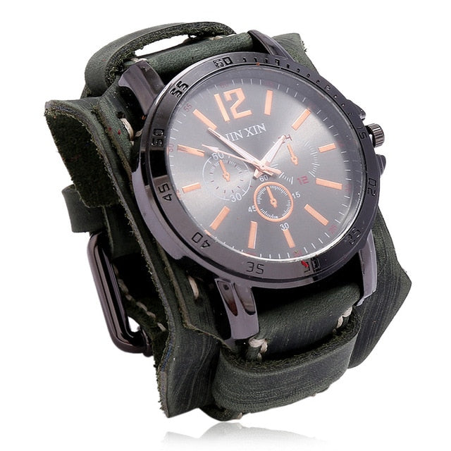 Fashion Blue Glass Punk Style Mens Watches Wide Leather Bracelets