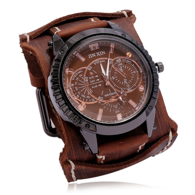 Fashion Blue Glass Punk Style Mens Watches Wide Leather Bracelets