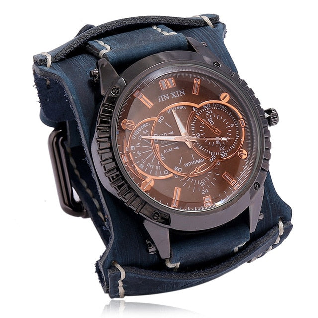 Fashion Blue Glass Punk Style Mens Watches Wide Leather Bracelets