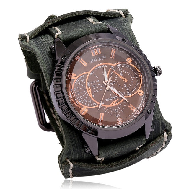 Fashion Blue Glass Punk Style Mens Watches Wide Leather Bracelets