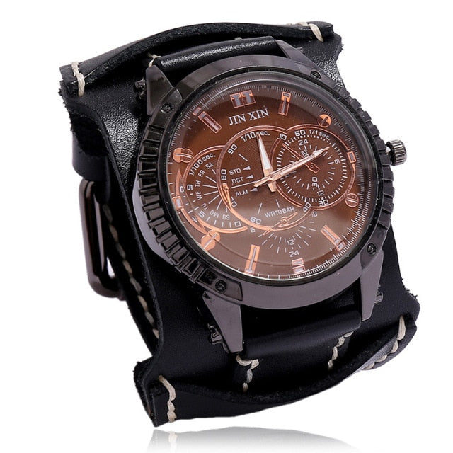 Fashion Blue Glass Punk Style Mens Watches Wide Leather Bracelets