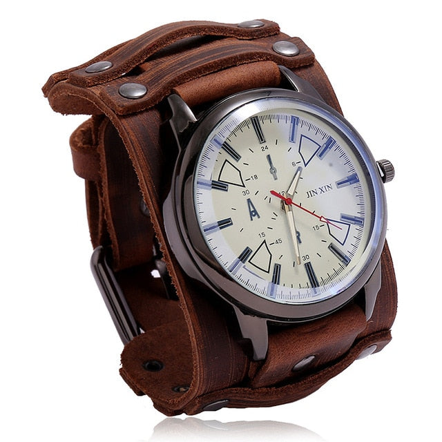 Fashion Blue Glass Punk Style Mens Watches Wide Leather Bracelets