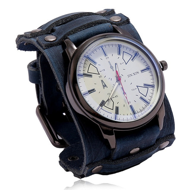 Fashion Blue Glass Punk Style Mens Watches Wide Leather Bracelets