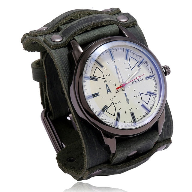 Fashion Blue Glass Punk Style Mens Watches Wide Leather Bracelets