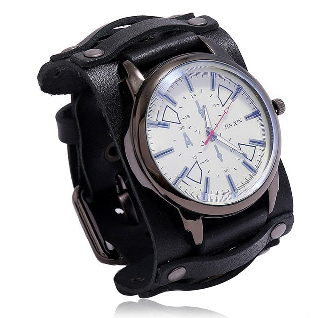 Fashion Blue Glass Punk Style Mens Watches Wide Leather Bracelets