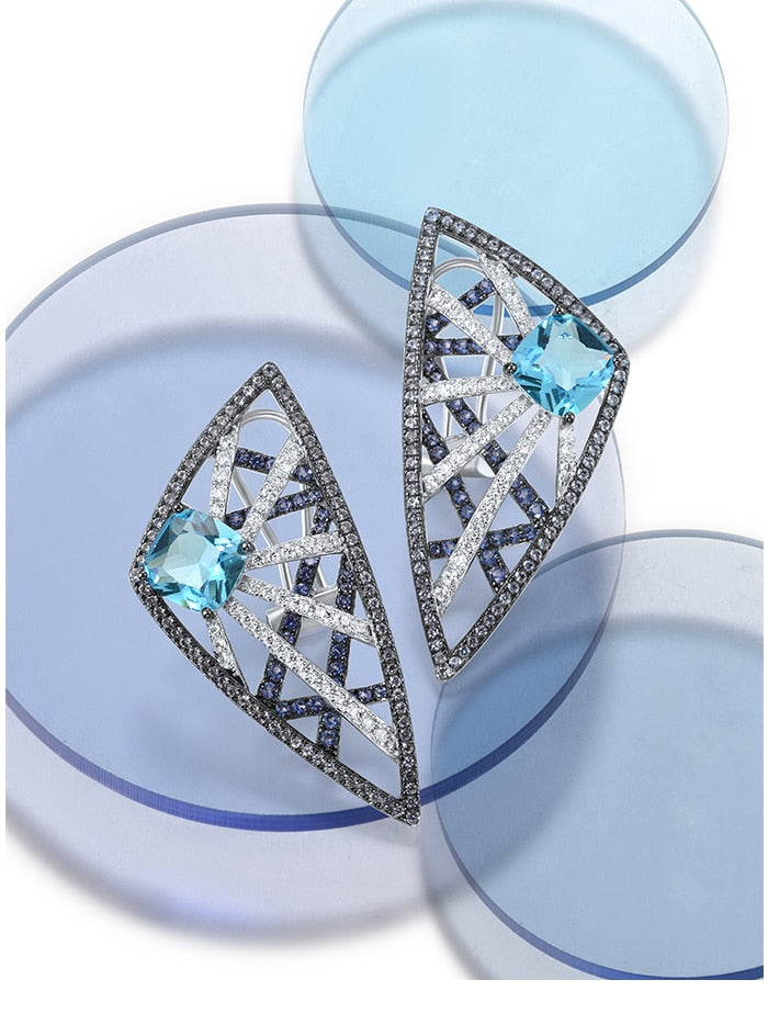 Pure 925 Sterling Silver Blue Stones White CZ Geometric Dangling Earrings