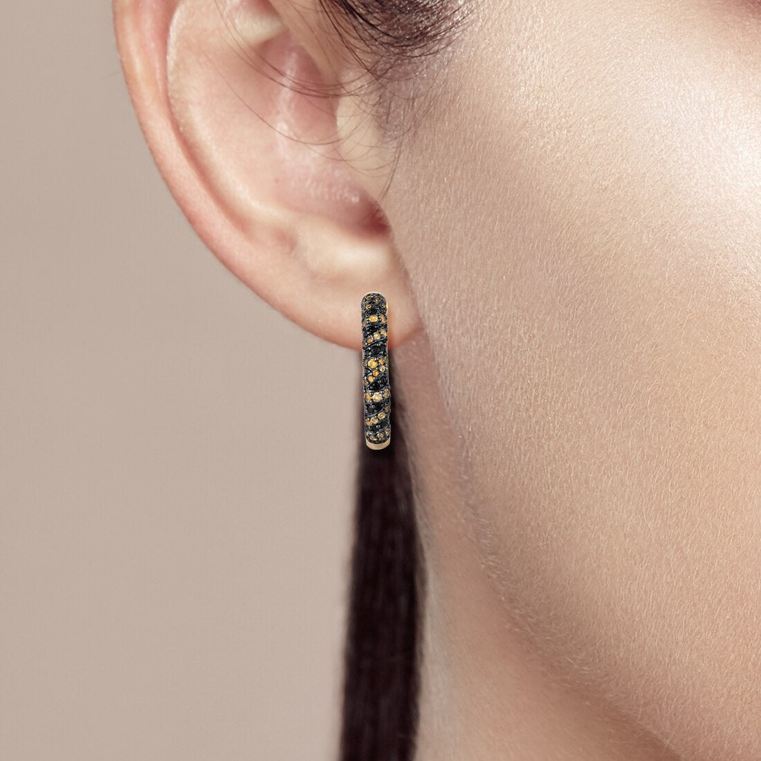 925 Sterling Silver Hoop Earrings Black Spinel Yellow Cubic Zirconia Earrings