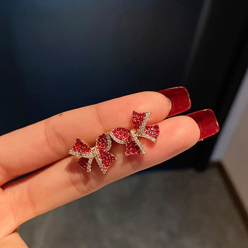 Christmas Red Zircon Crystal Bow Stud Earrings For Women