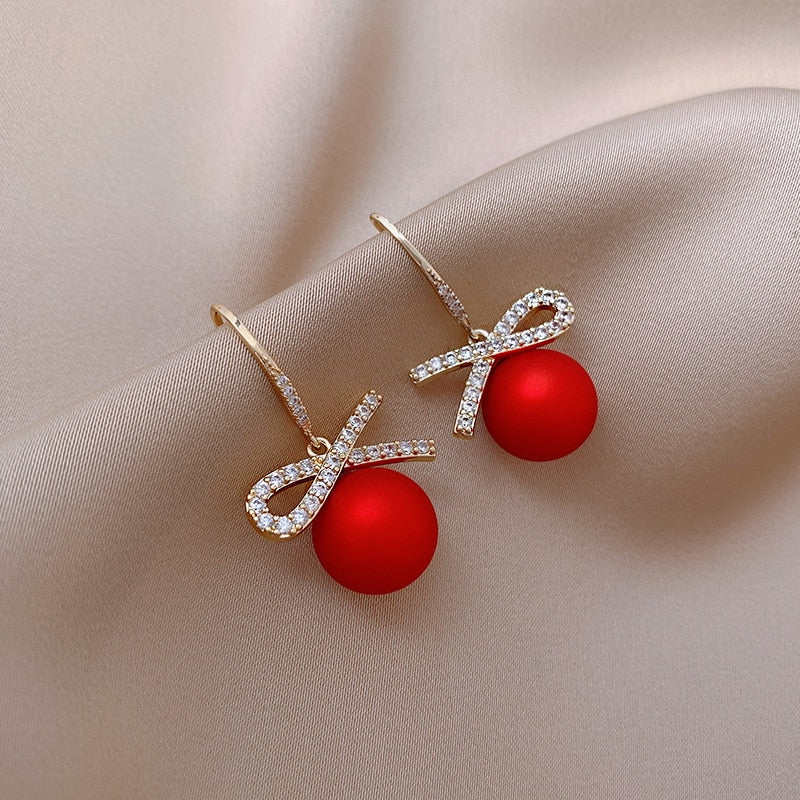 Christmas Red Zircon Crystal Bow Stud Earrings For Women