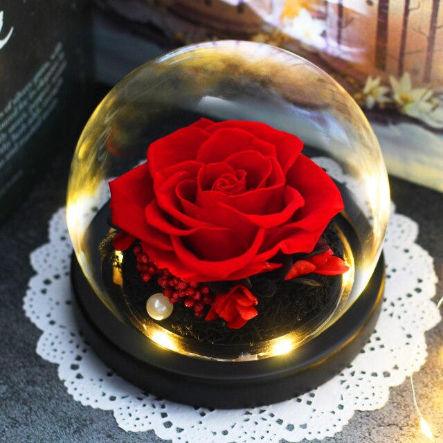 Dried Flowers Preserved Roses In Glass Cover With Night Light Gift