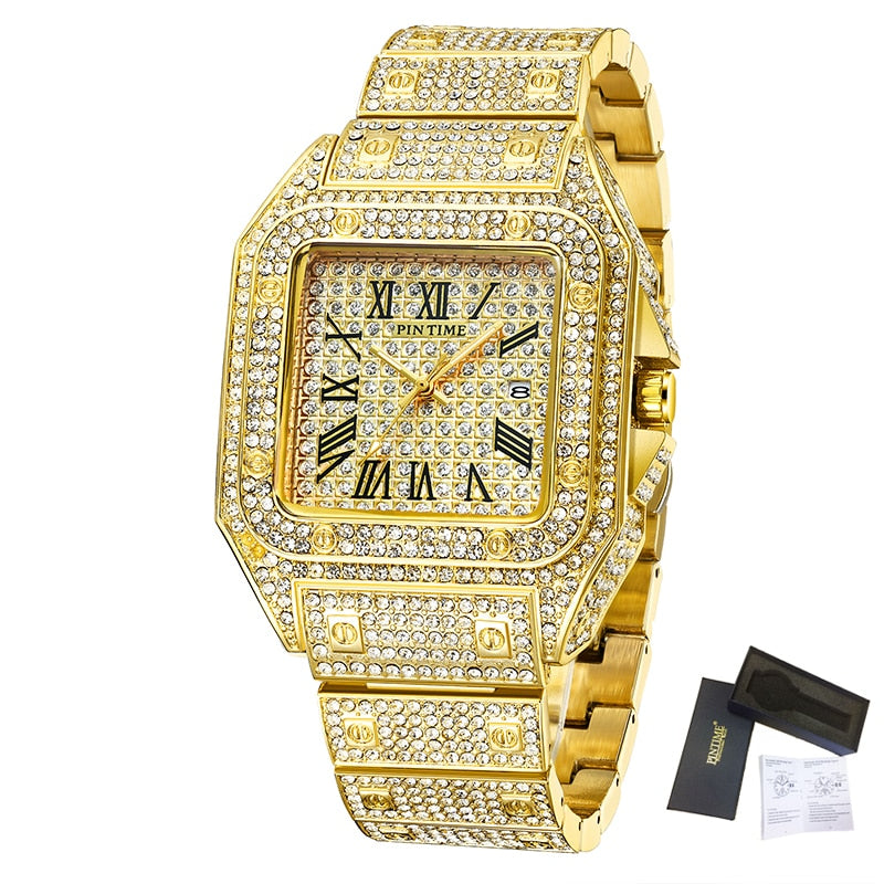 Square Men Watch Diamond Steel Luxury Gold Quartz Watches