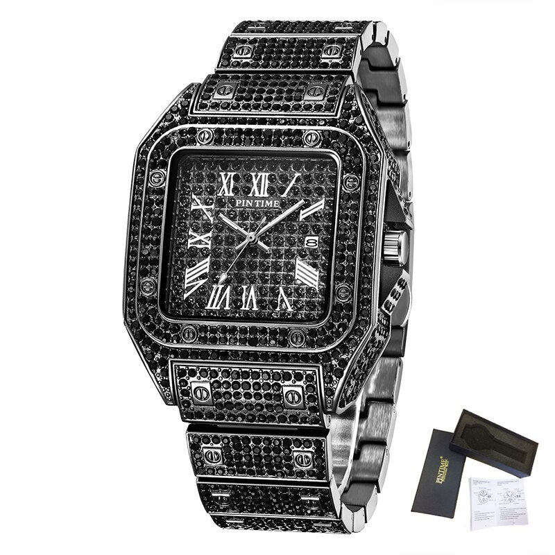 Square Men Watch Diamond Steel Luxury Gold Quartz Watches