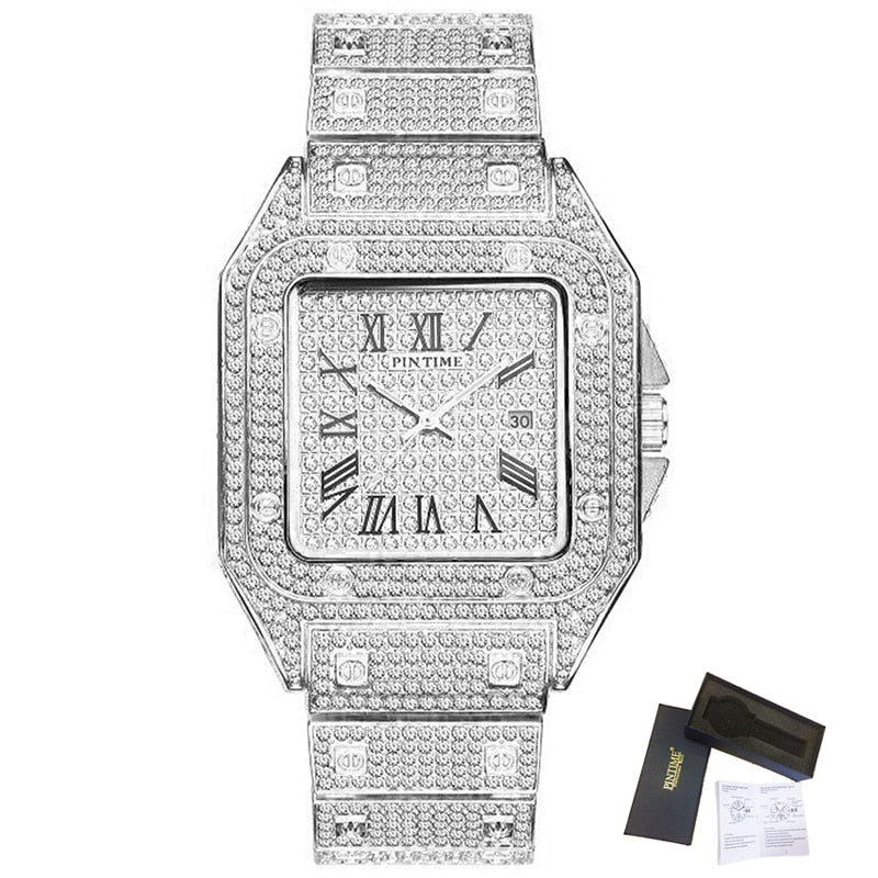 Square Men Watch Diamond Steel Luxury Gold Quartz Watches