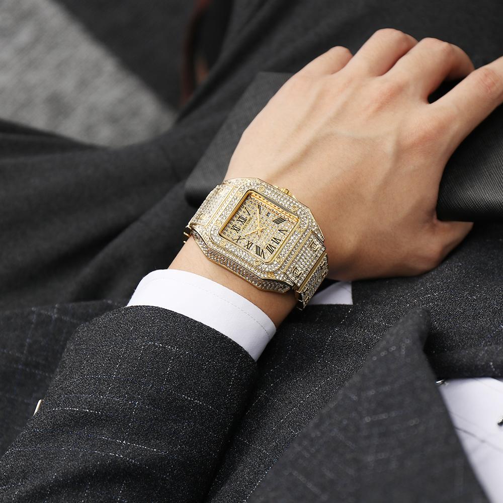 Square Men Watch Diamond Steel Luxury Gold Quartz Watches