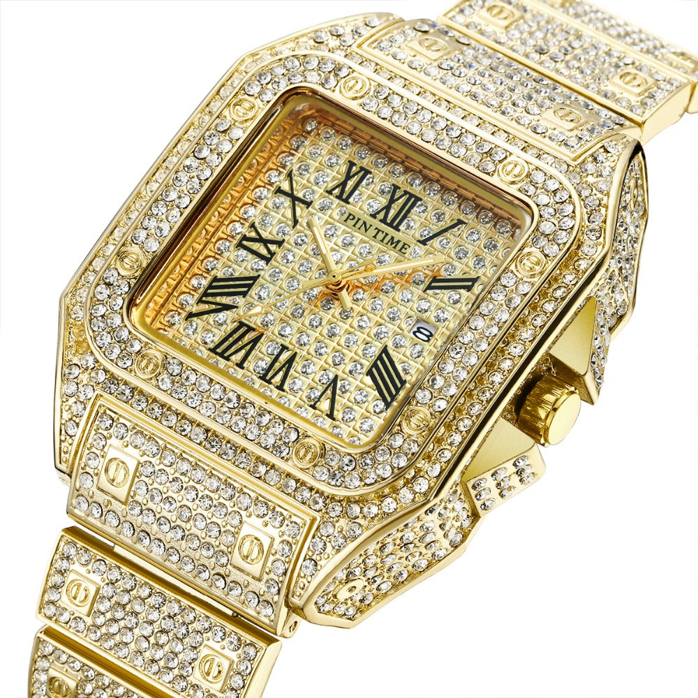 Square Men Watch Diamond Steel Luxury Gold Quartz Watches