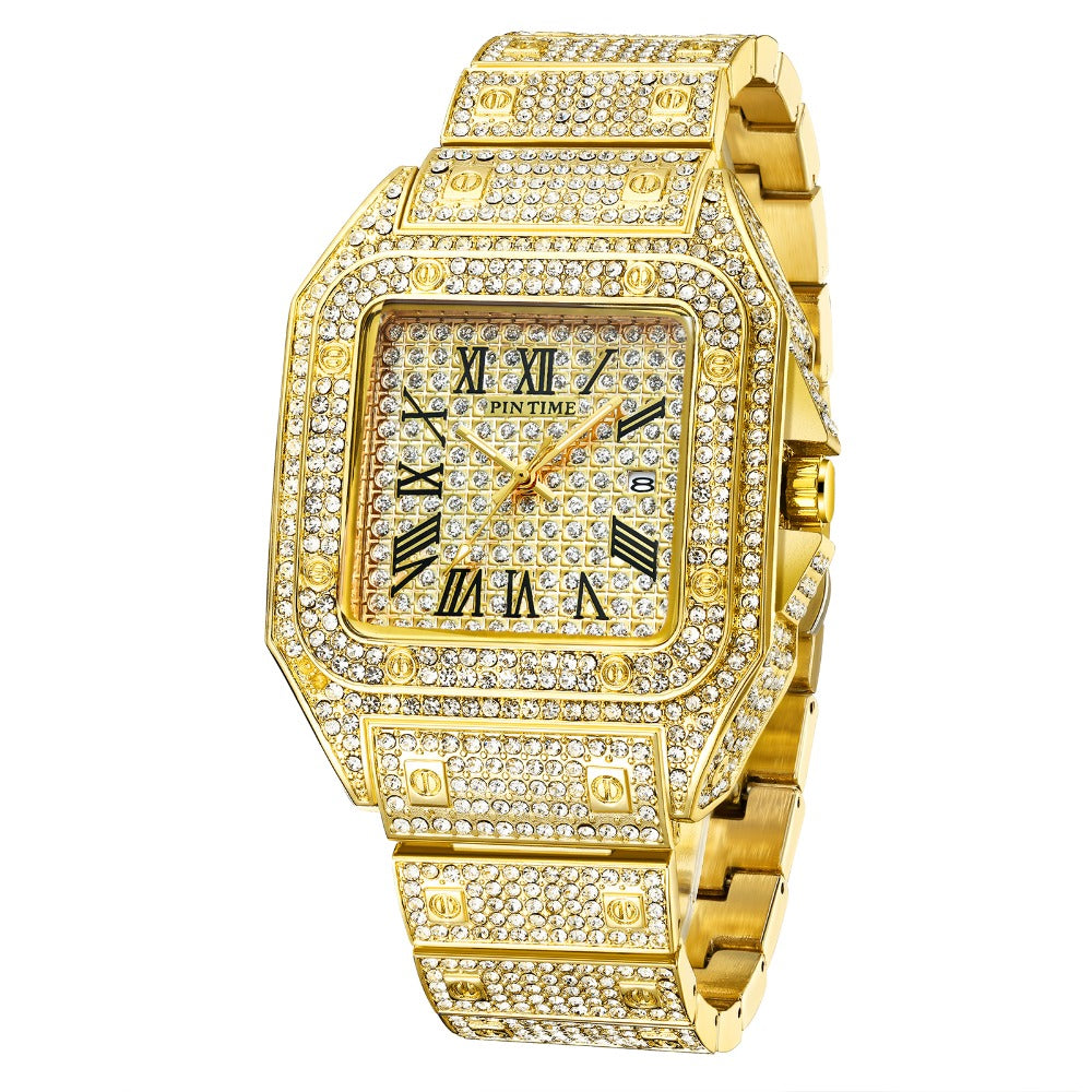 Square Men Watch Diamond Steel Luxury Gold Quartz Watches