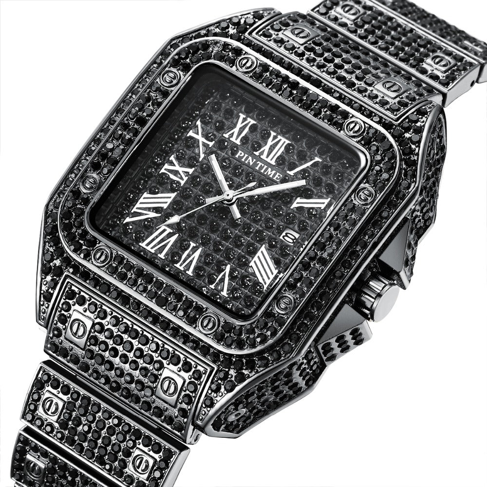 Square Men Watch Diamond Steel Luxury Gold Quartz Watches