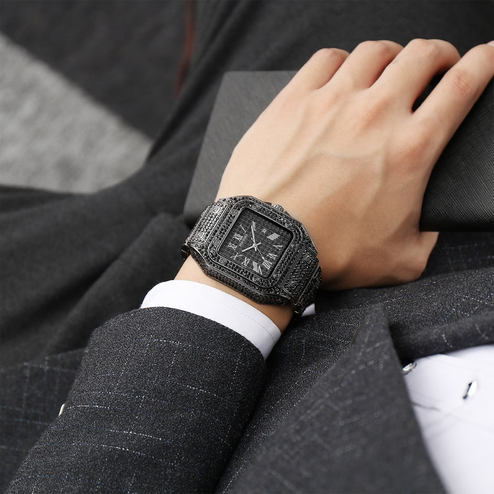 Square Men Watch Diamond Steel Luxury Gold Quartz Watches