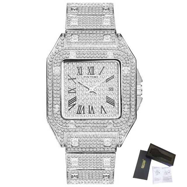 Square Men Watch Diamond Steel Luxury Gold Quartz Watches