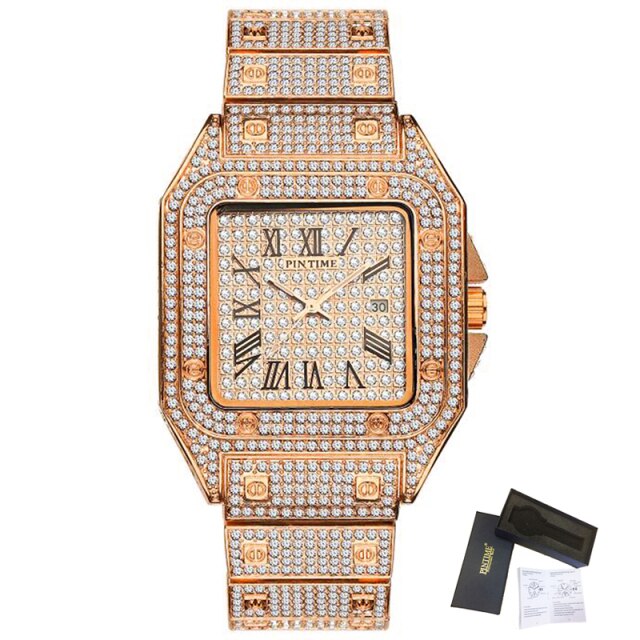 Square Men Watch Diamond Steel Luxury Gold Quartz Watches