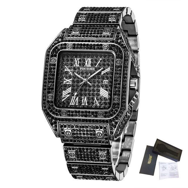 Square Men Watch Diamond Steel Luxury Gold Quartz Watches