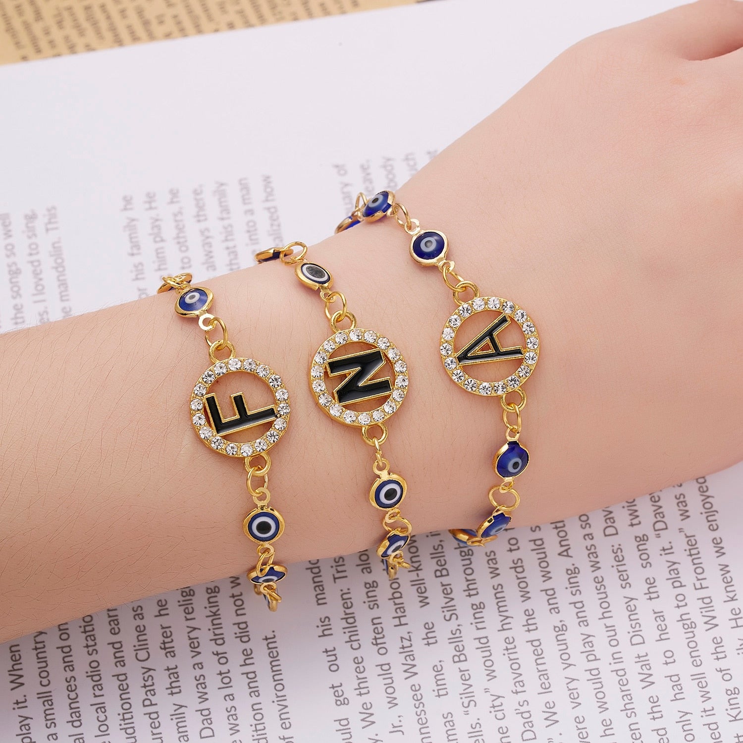 Gold Color Bangle Rhinestone Blue Eyes Letter Bracelet For Women