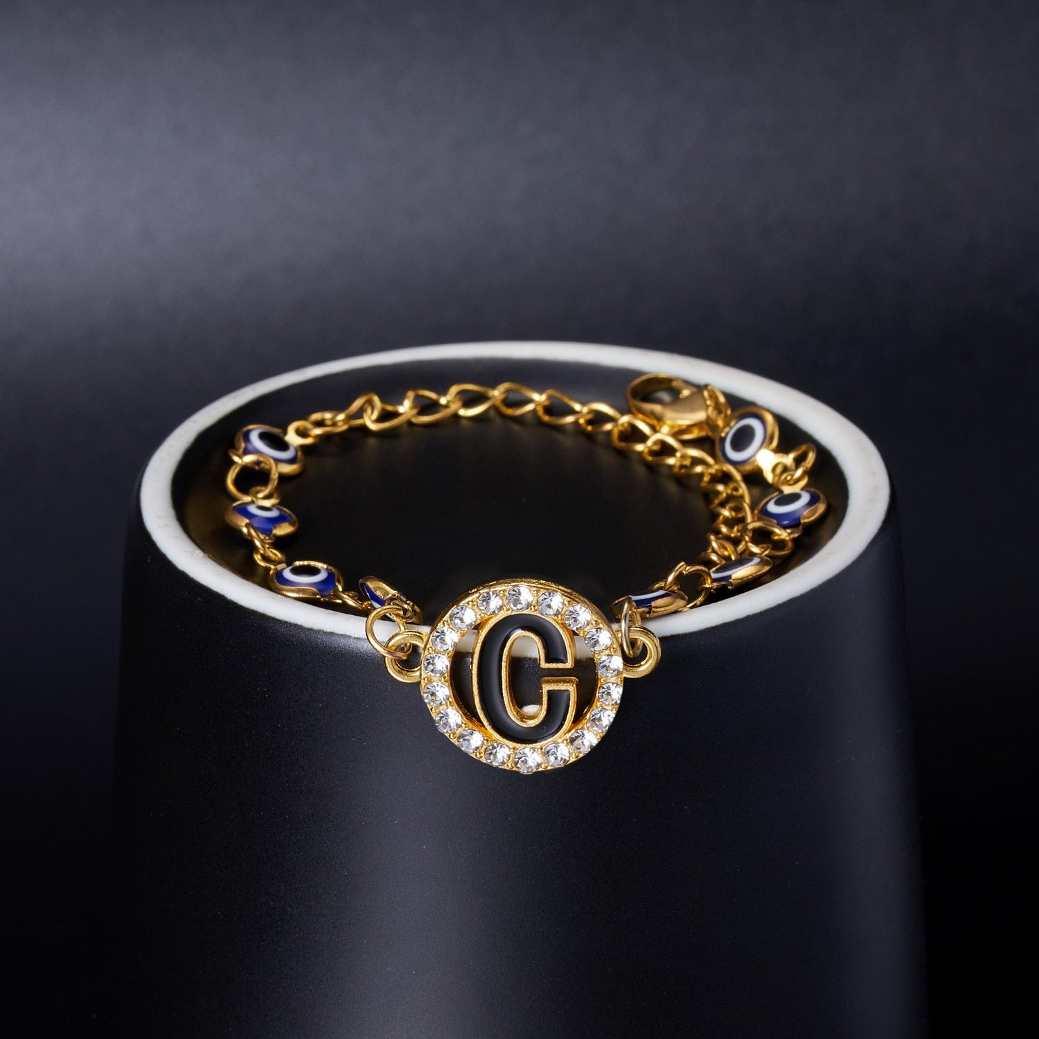 Gold Color Bangle Rhinestone Blue Eyes Letter Bracelet For Women