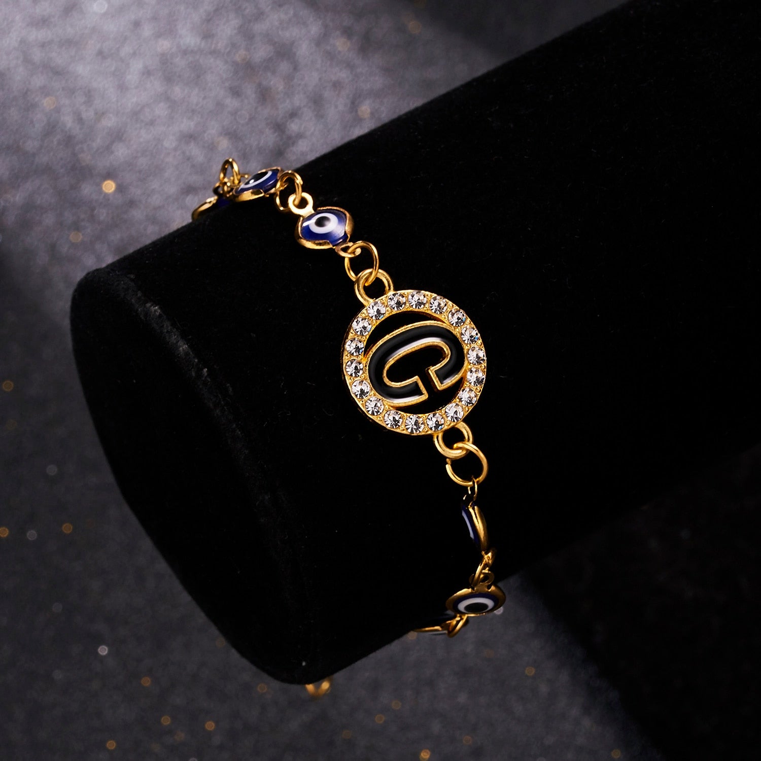 Gold Color Bangle Rhinestone Blue Eyes Letter Bracelet For Women