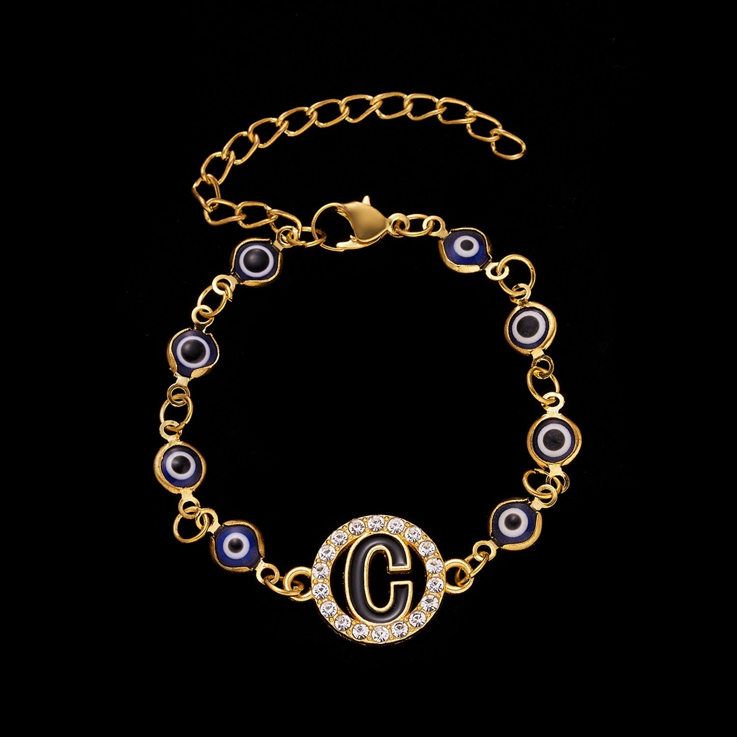 Gold Color Bangle Rhinestone Blue Eyes Letter Bracelet For Women