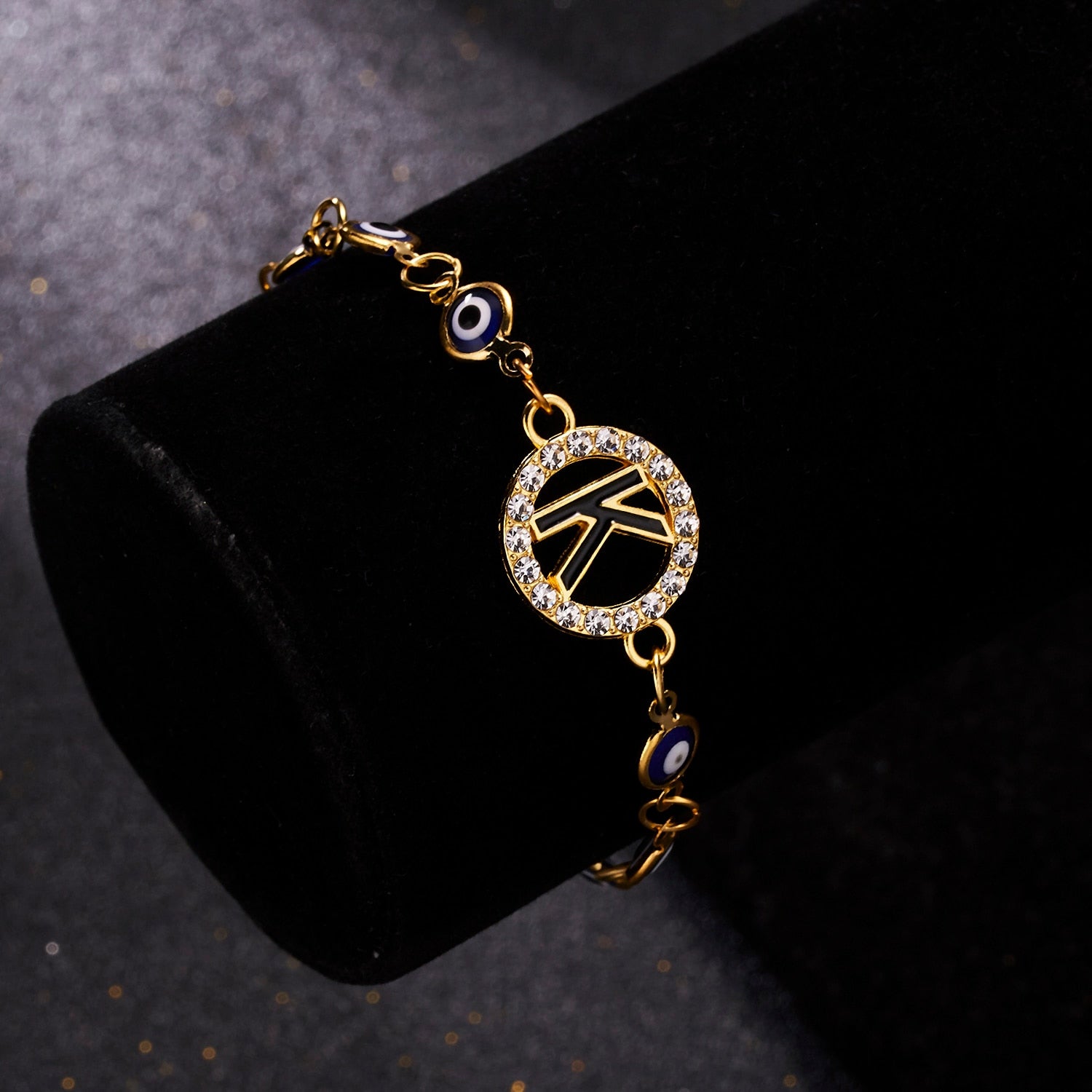 Gold Color Bangle Rhinestone Blue Eyes Letter Bracelet For Women